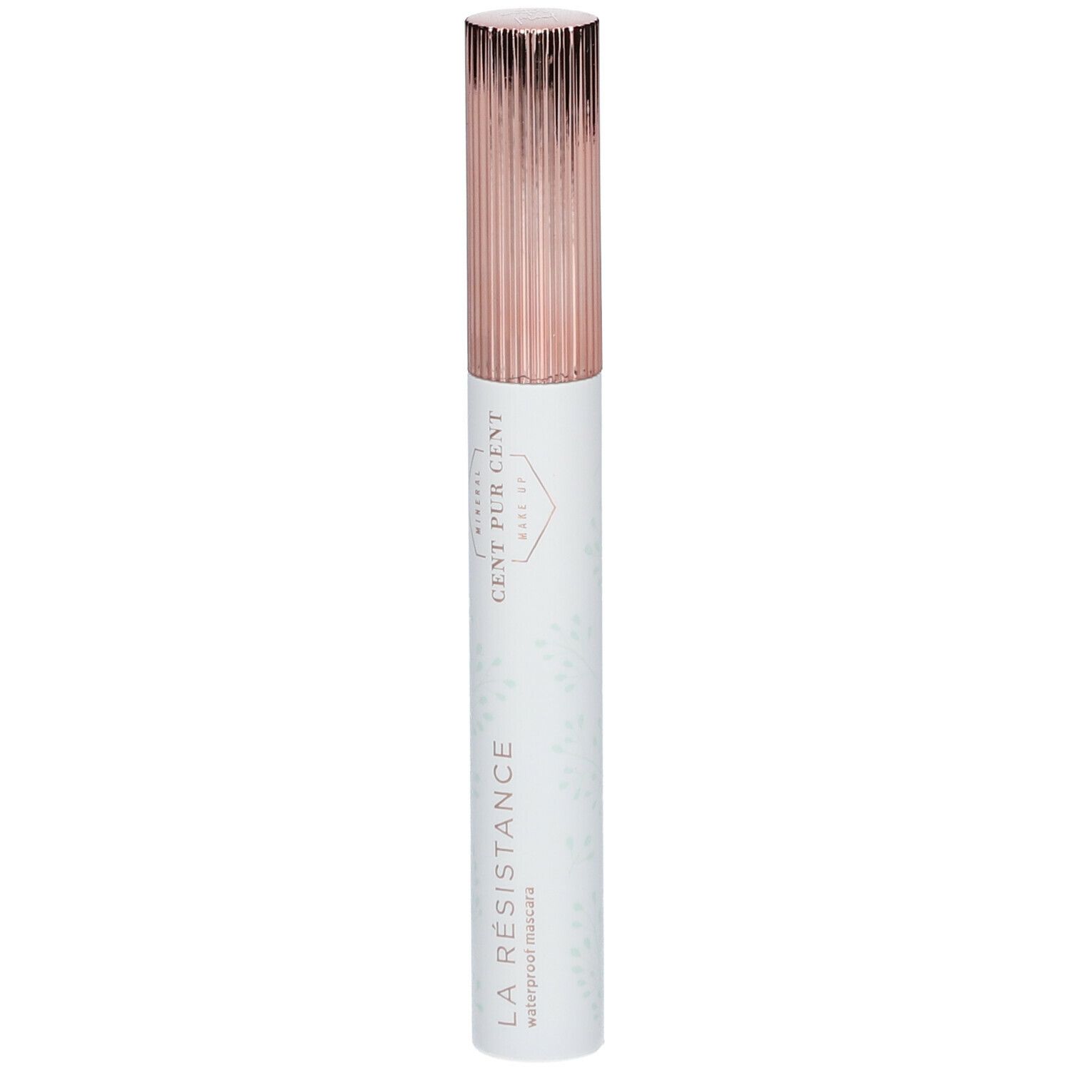 Tube de mascara noir avec bouchon rose doré. Inscription : LA RÉSISTANCE, CENT PUR CENT, mascara waterproof.