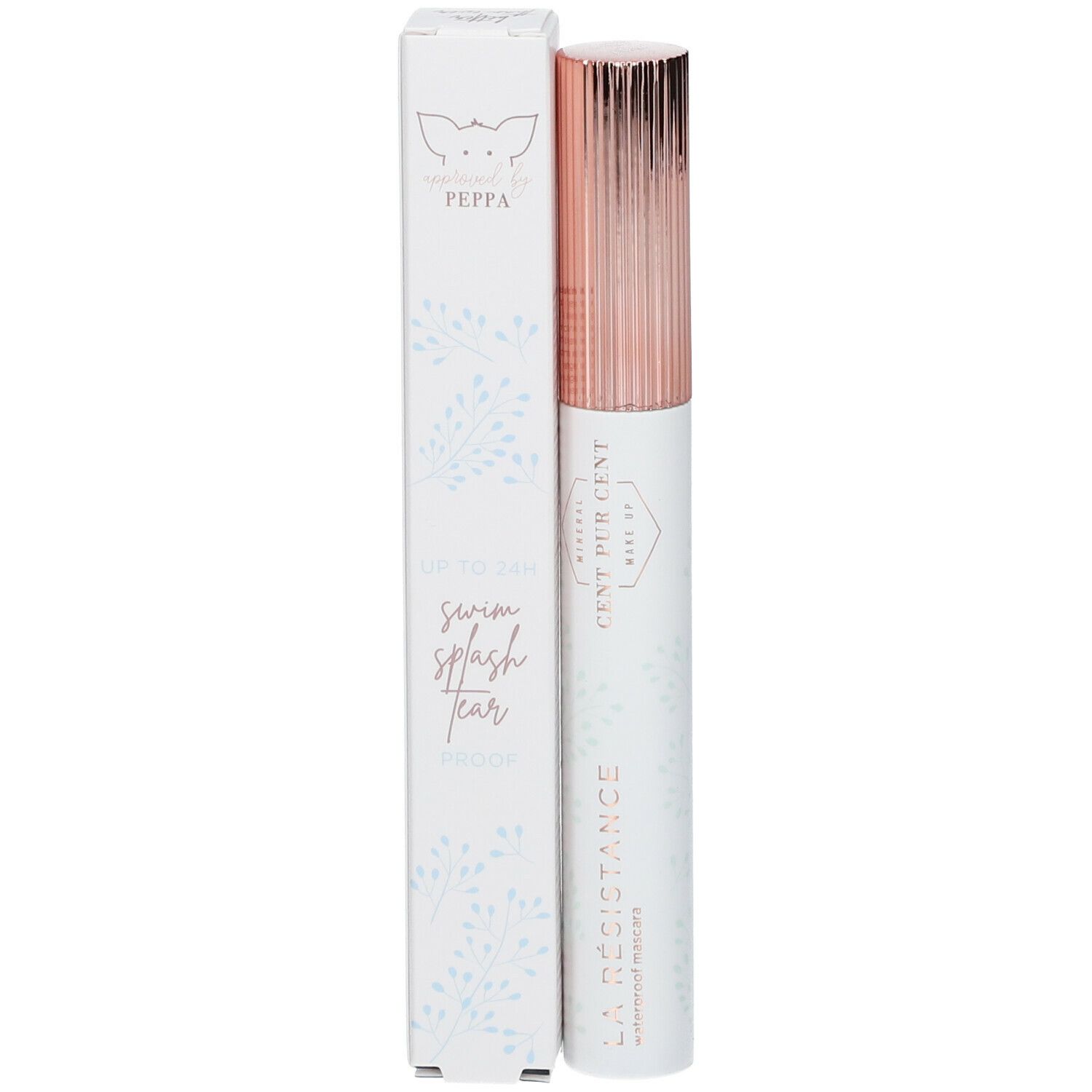 Tube de mascara et emballage. Inscription : CENT PUR CENT, LA RÉSISTANCE, mascara waterproof. Emballage avec logo.