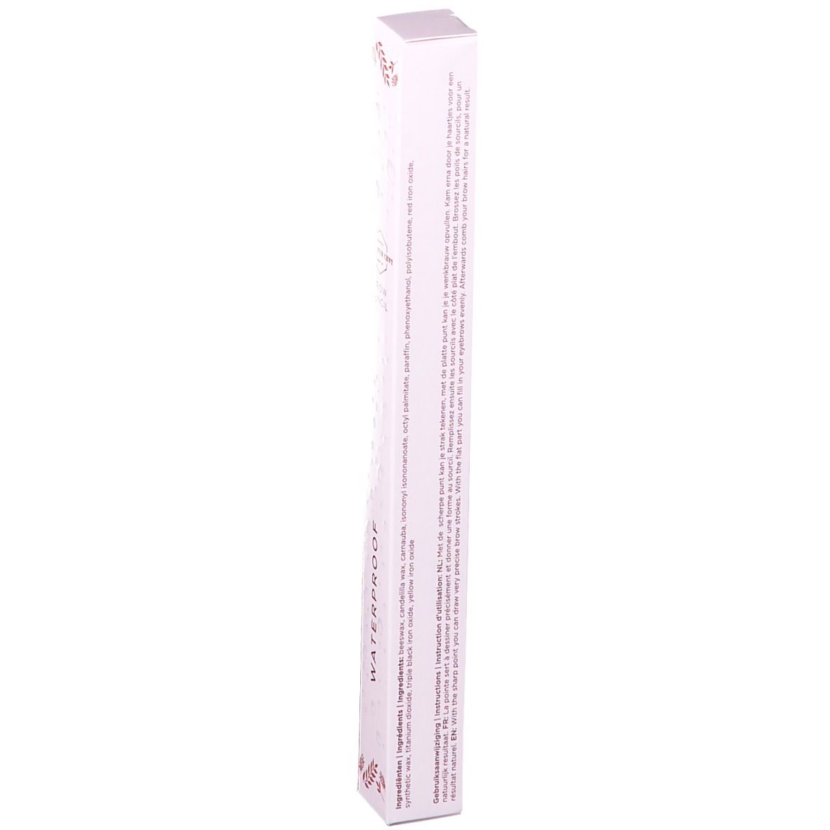 Schachtel mit Augenbrauenstift. Text auf der Seite. Aufschrift: Waterproof. Florale Muster.