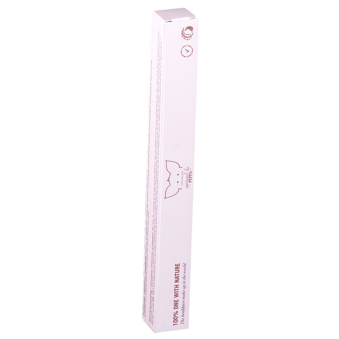 Schachtel mit Augenbrauenstift. Aufschrift: 100% ONE WITH NATURE. Logo. Florale Muster.