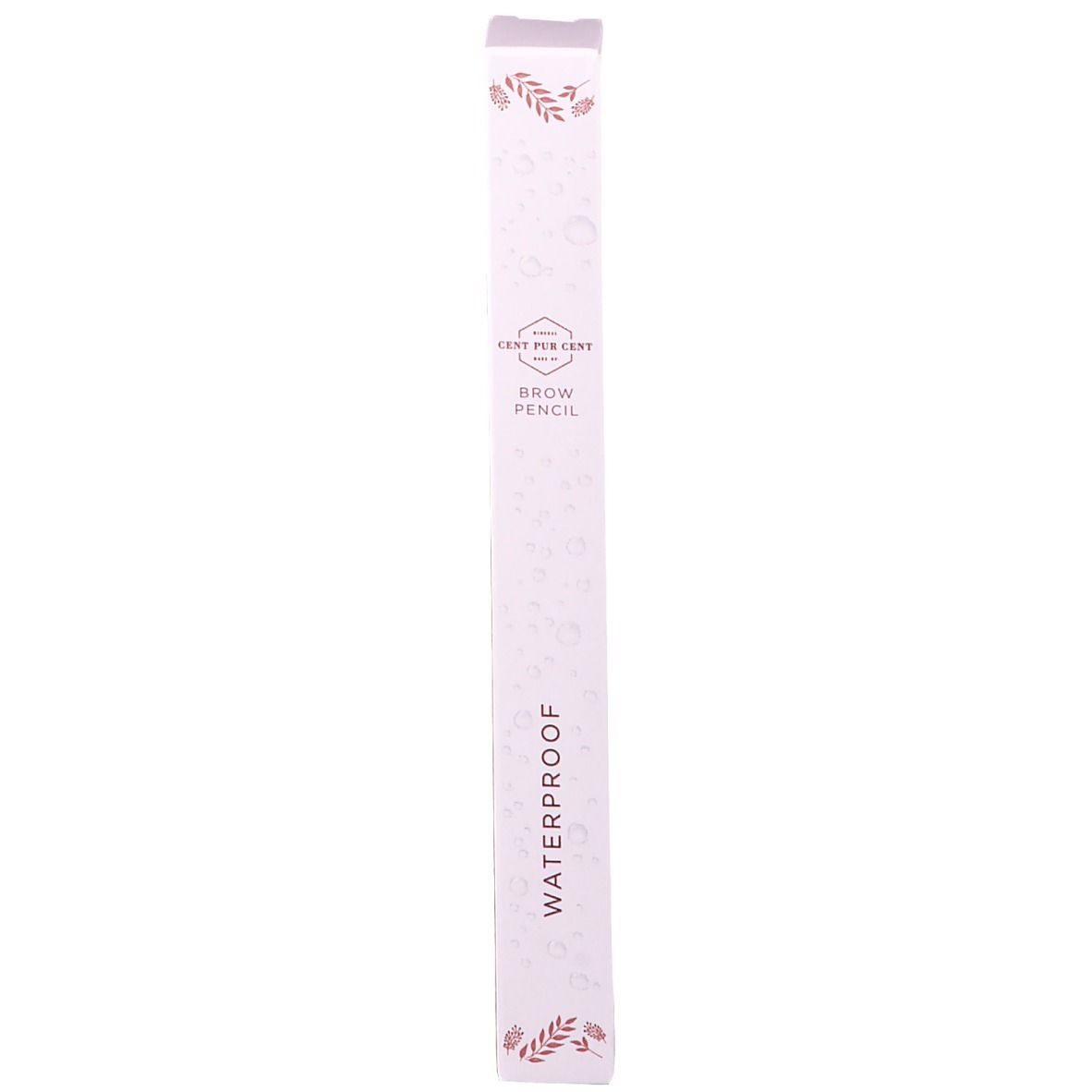 Schachtel mit Augenbrauenstift. Aufschrift: Cent Pur Cent, Brow Pencil, Waterproof. Florale Muster.
