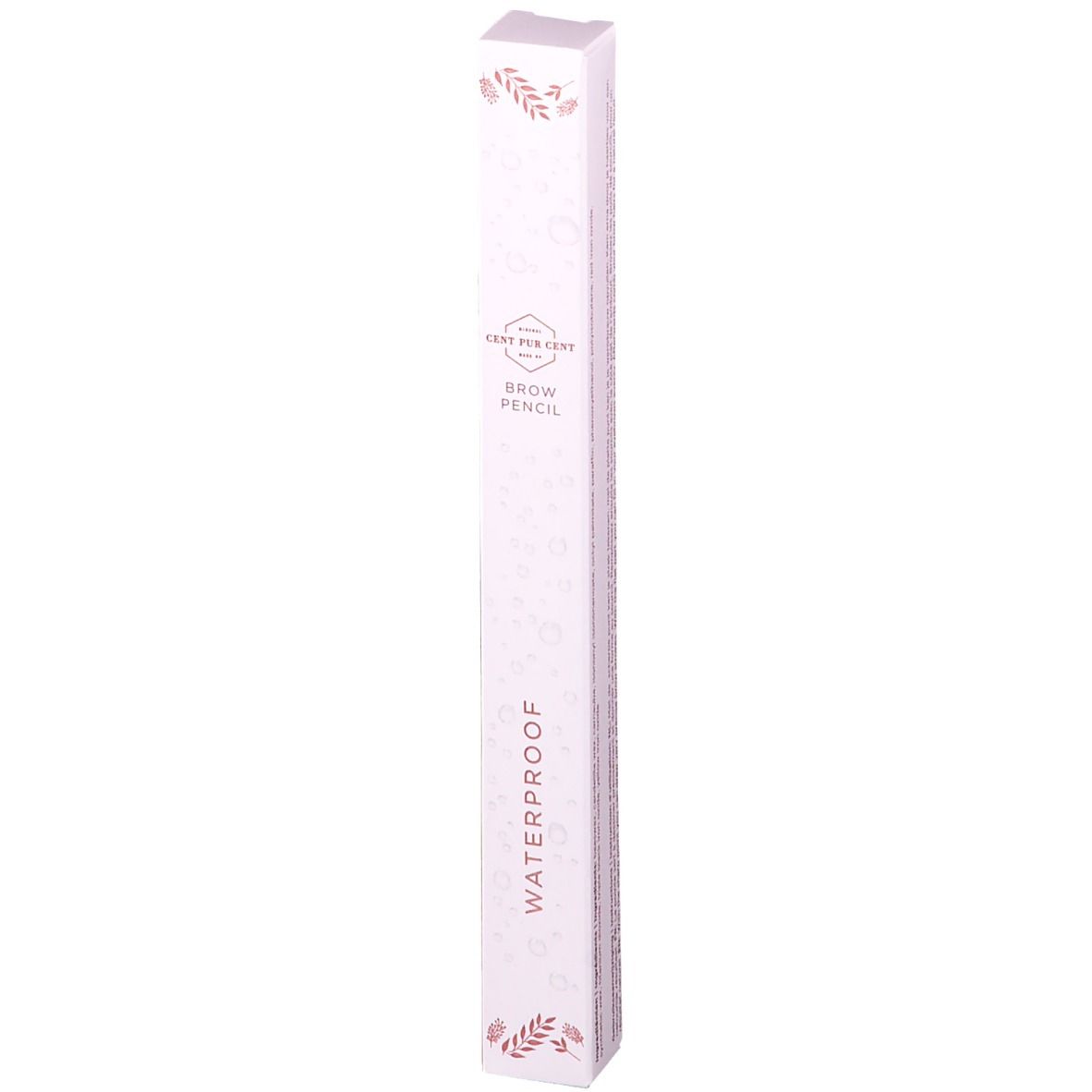 Schachtel mit Augenbrauenstift. Aufschrift: Cent Pur Cent, Brow Pencil, Waterproof. Florale Muster.
