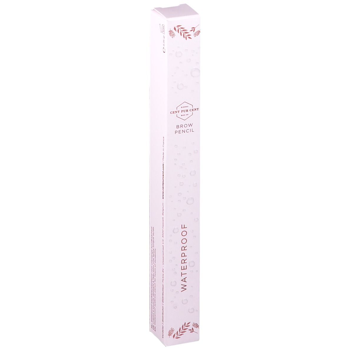 Smalle, witte verpakking. Tekst: "Cent Pur Cent", "Brow Pencil Waterproof". Decoratieve bloemmotieven.