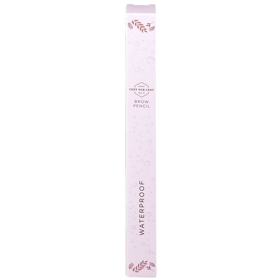 Smalle, witte verpakking. Tekst: "Cent Pur Cent", "Brow Pencil Waterproof". Bloemmotieven.
