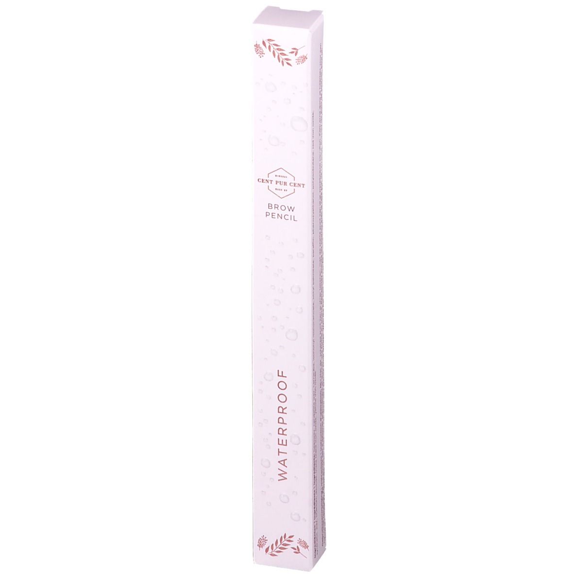 Smalle, witte verpakking. Tekst: "Cent Pur Cent", "Brow Pencil Waterproof". Bloemmotieven.