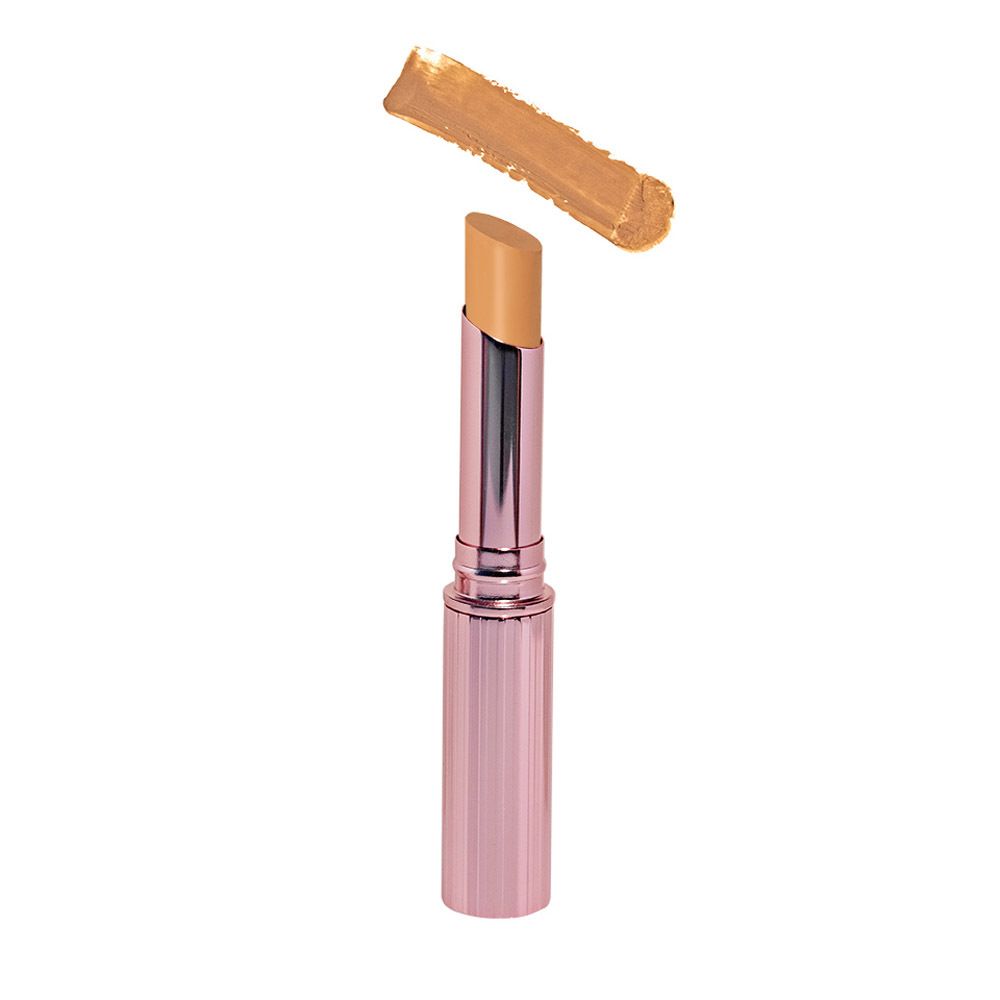 Bâton de correcteur rose, partiellement ouvert, avec une trace de correcteur.