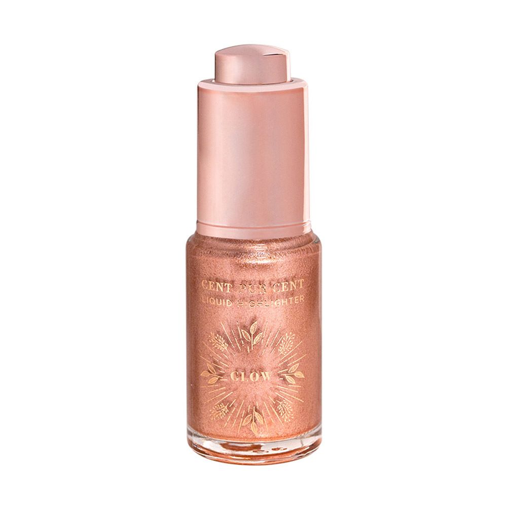 Highlighter in een glazen fles met roze dop. Opschrift: Cent Pur Cent Liquid Highlighter Glow.