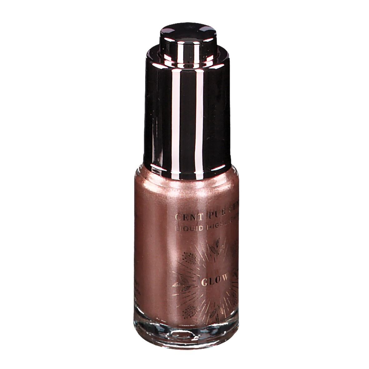 Vloeibare highlighter in een glazen fles met zwarte dop. Opschrift: Cent Pur Cent Liquid Highlighter Glow.