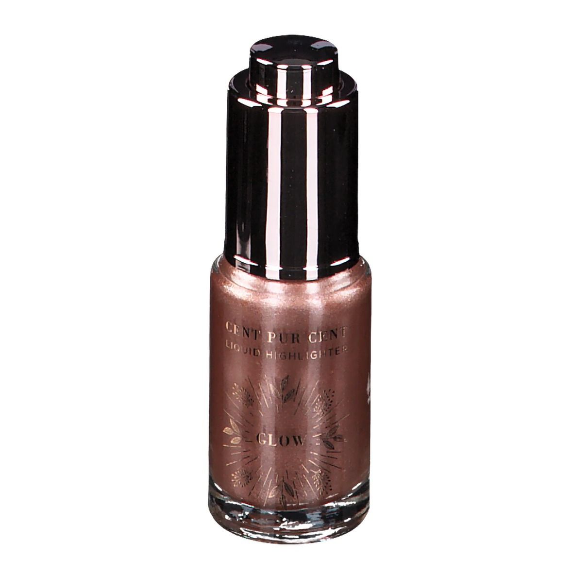 Vloeibare highlighter in een glazen fles met zwarte dop. Opschrift: Cent Pur Cent Liquid Highlighter Glow.
