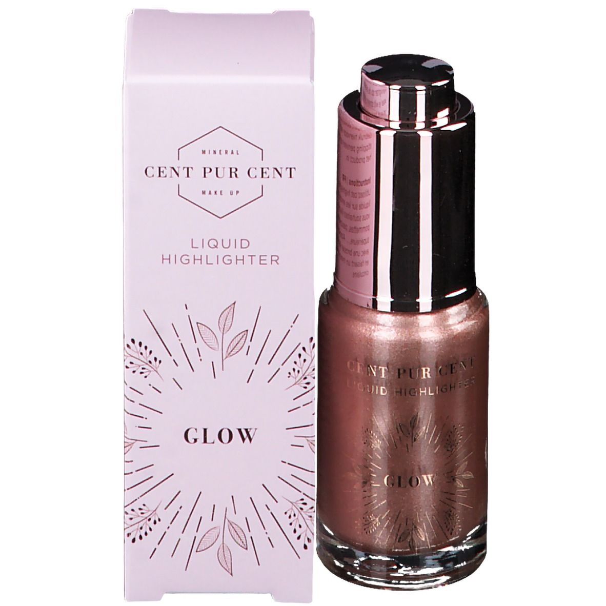 Verpakking van de highlighter. Opschrift: Cent Pur Cent Liquid Highlighter Glow. Roze-witte doos.