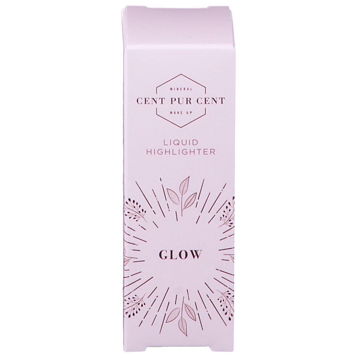 Verpakking van de highlighter. Opschrift: Cent Pur Cent Liquid Highlighter Glow. Roze-witte doos.