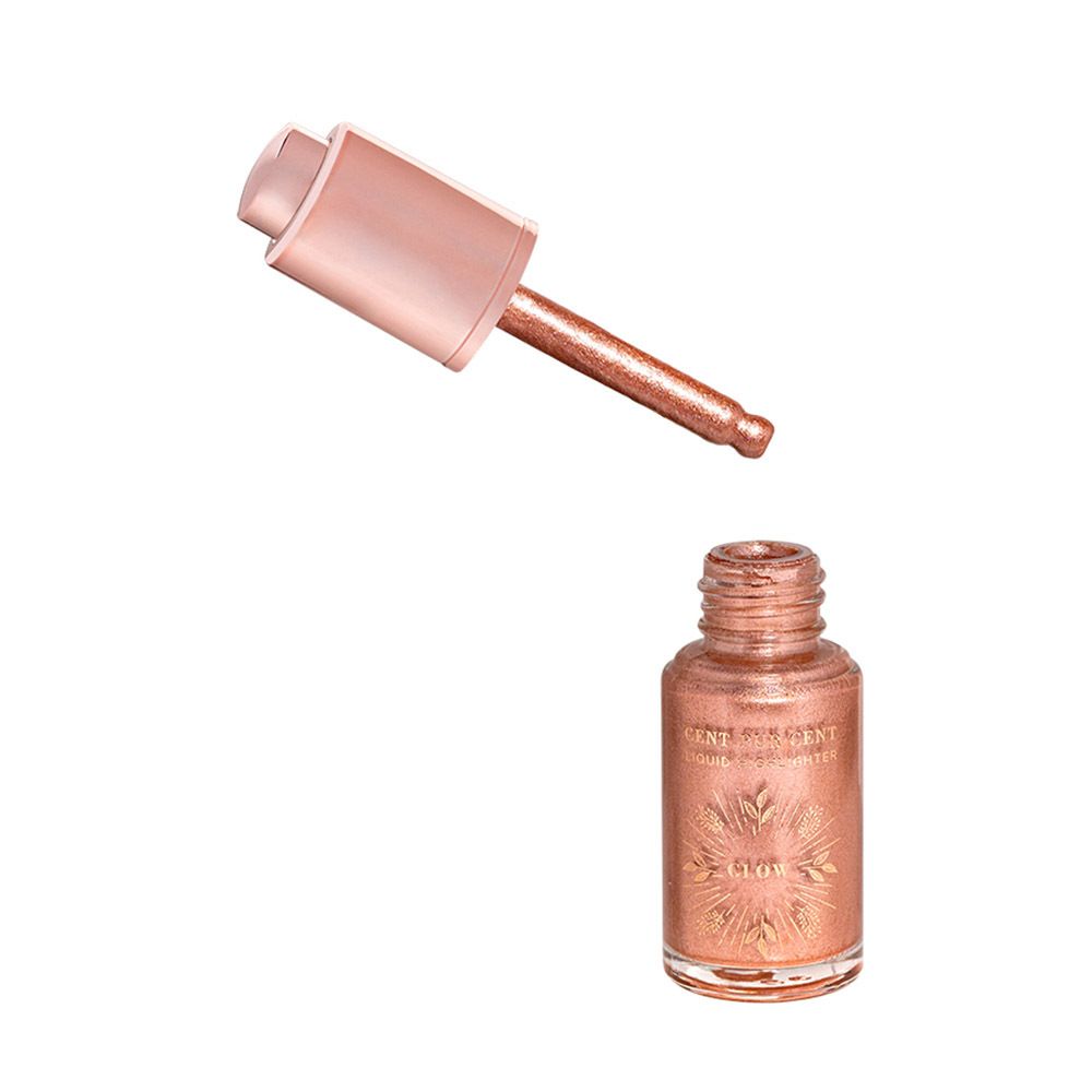 Highlighter-applicator en fles. Applicator met roze dop. Fles met opschrift: Cent Pur Cent Liquid Highlighter Glow.