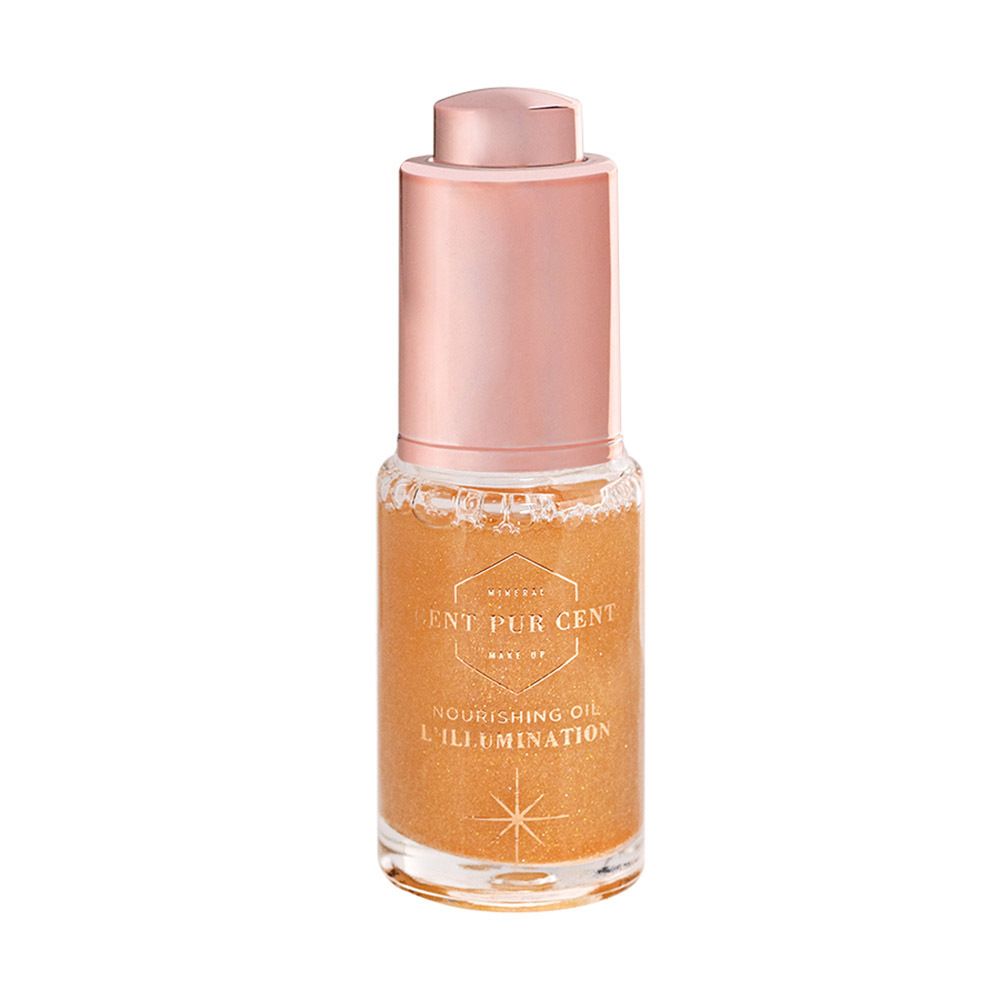 Kleine glazen fles met goudkleurige vloeistof. Roze dop. Tekst: Cent Pur Cent, Nourishing Oil, L'Illumination.