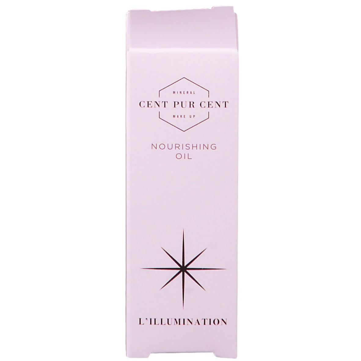 Roze verpakking met tekst: Cent Pur Cent, Nourishing Oil, L'Illumination. Ster-logo.
