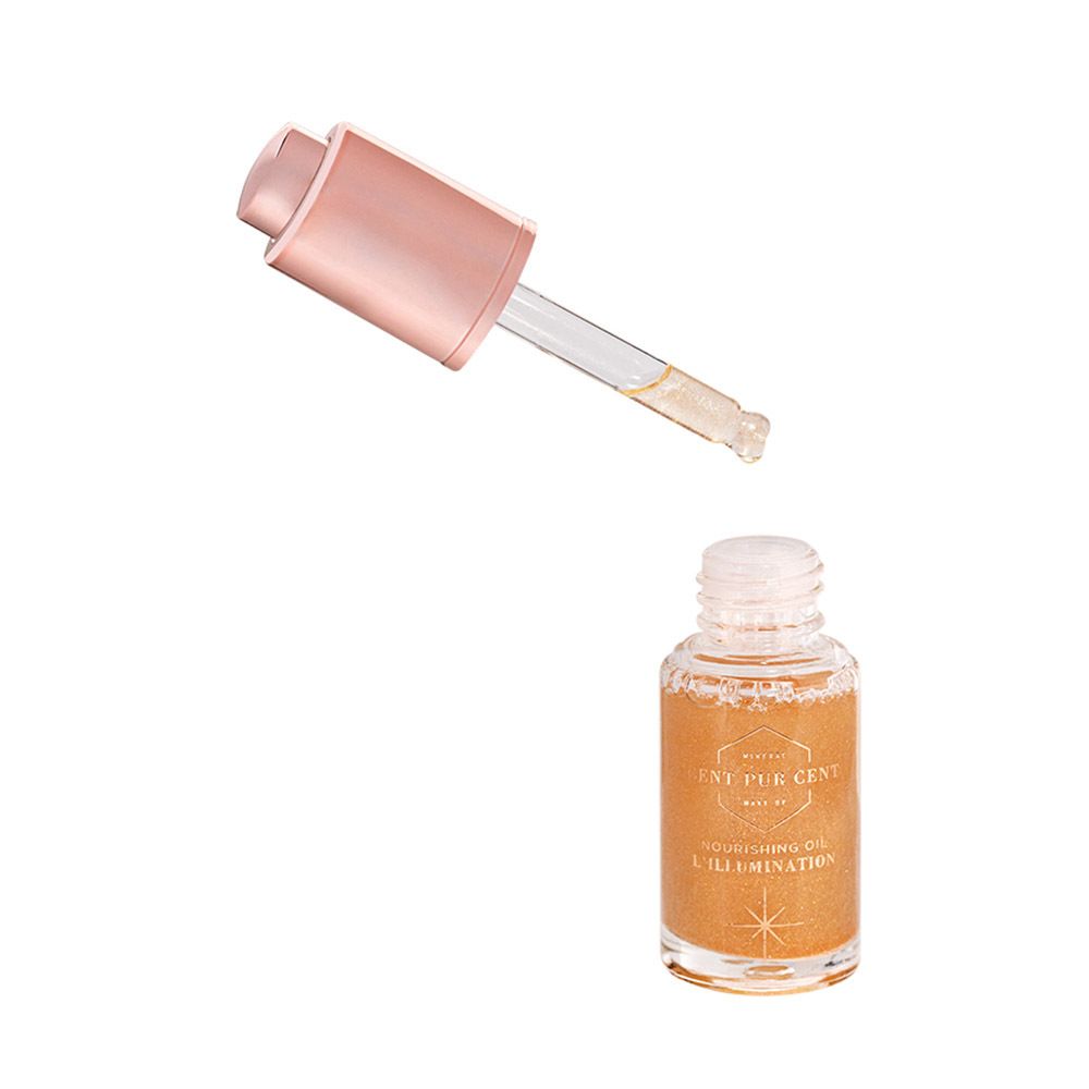 Kleine glazen fles met goudkleurige vloeistof en roze dop. Pipet ernaast.