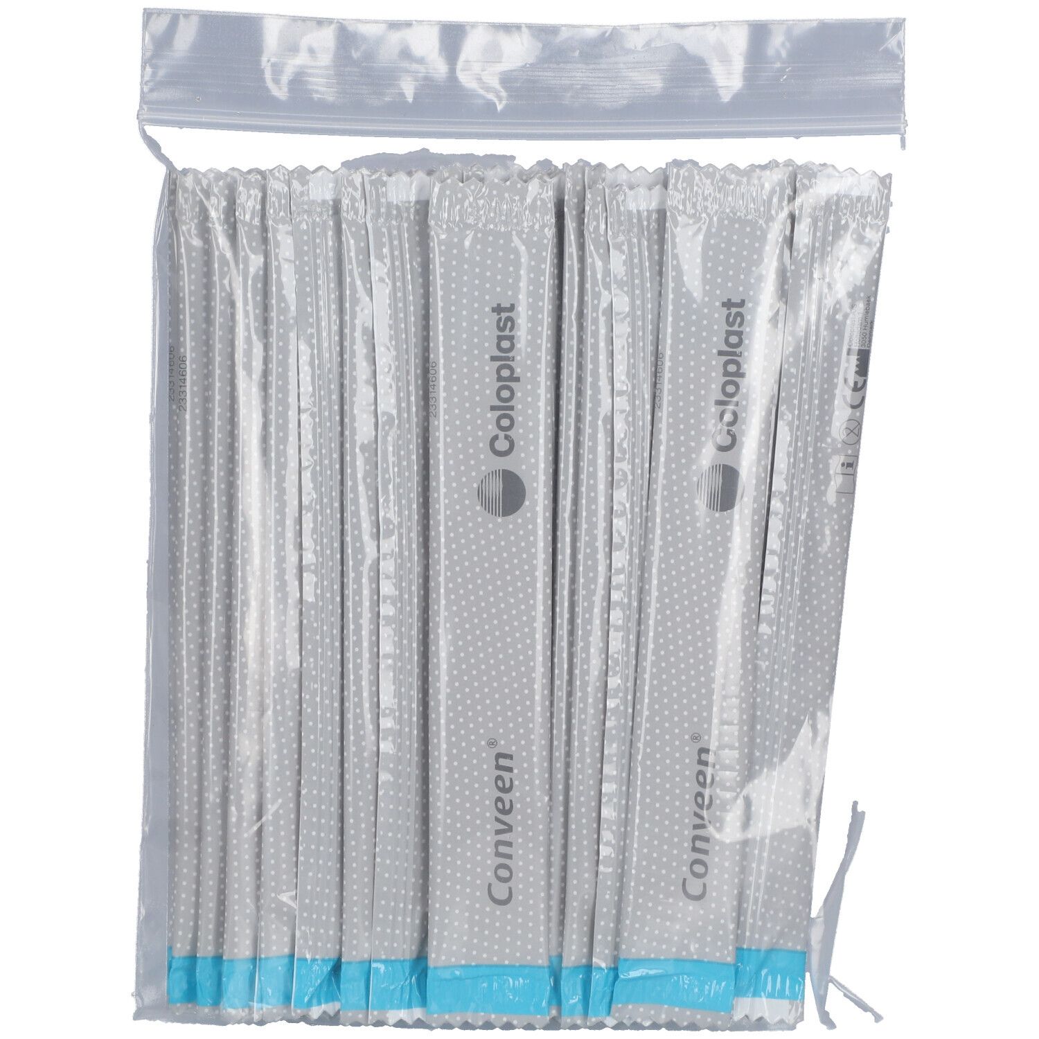 Transparante verpakking met meerdere fixatiestrips. Opschriften: Conveen en Coloplast. Blauwe en grijze elementen.