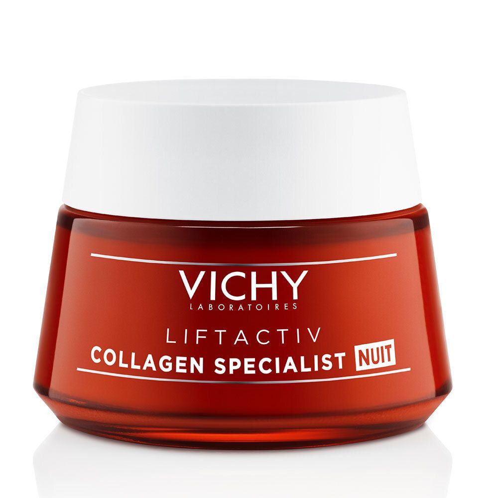 Pot rouge avec couvercle blanc. Inscription: Vichy Liftactiv Collagen Specialist Nuit.