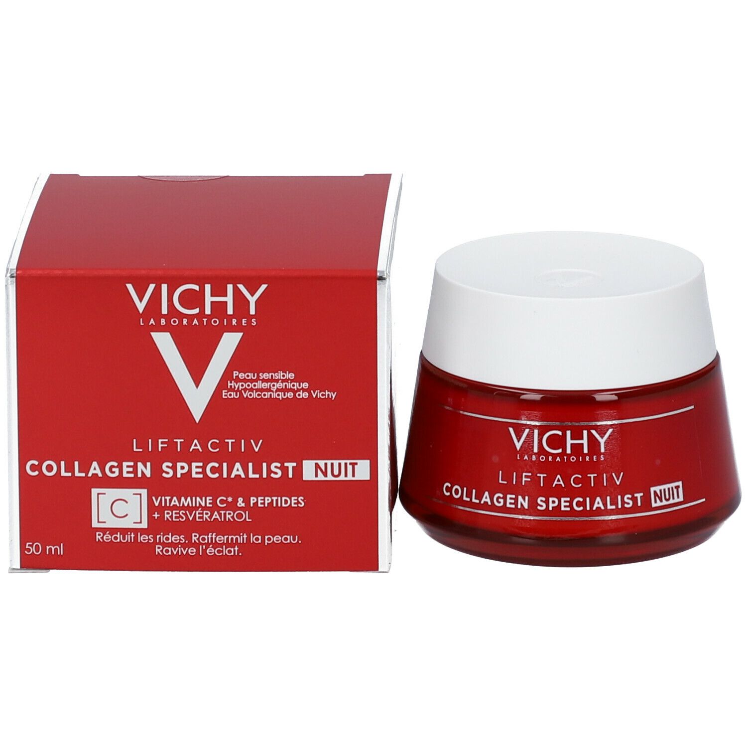 Produit et emballage. Vichy Liftactiv Collagen Specialist Nuit. 50 ml. Texte.