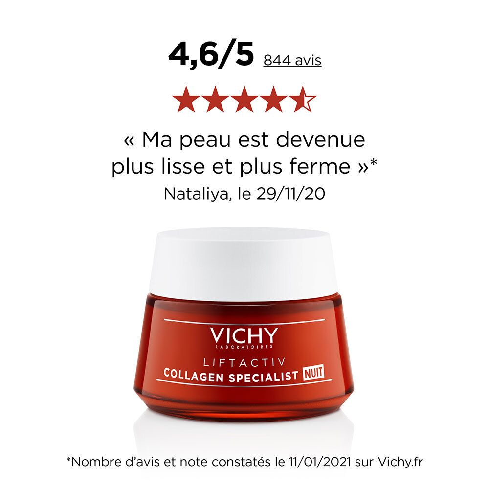 Produit avec évaluation. Vichy Liftactiv Collagen Specialist Nuit. Texte et étoiles.
