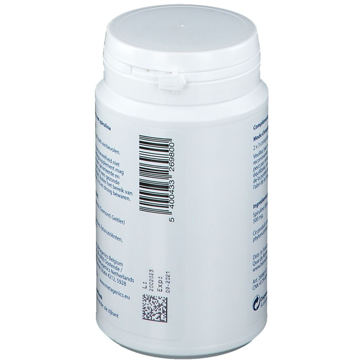 Weiße Tablettenflasche, Rückseite mit Barcode, Chargennummer und Verfallsdatum.