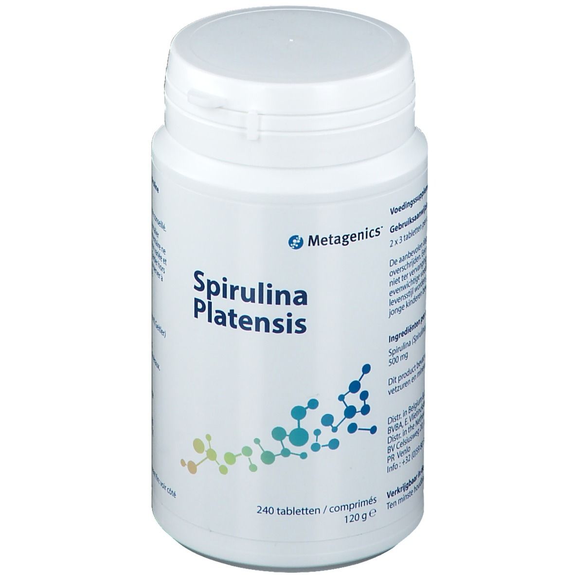Weiße Tablettenflasche mit blau-grüner Grafik und Produktbezeichnung 'Spirulina Platensis'.