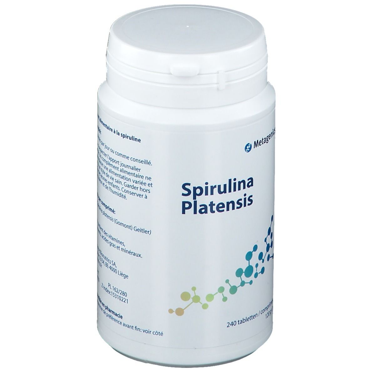 Weiße Tablettenflasche mit Produktbezeichnung 'Spirulina Platensis' und blau-grüner Grafik.