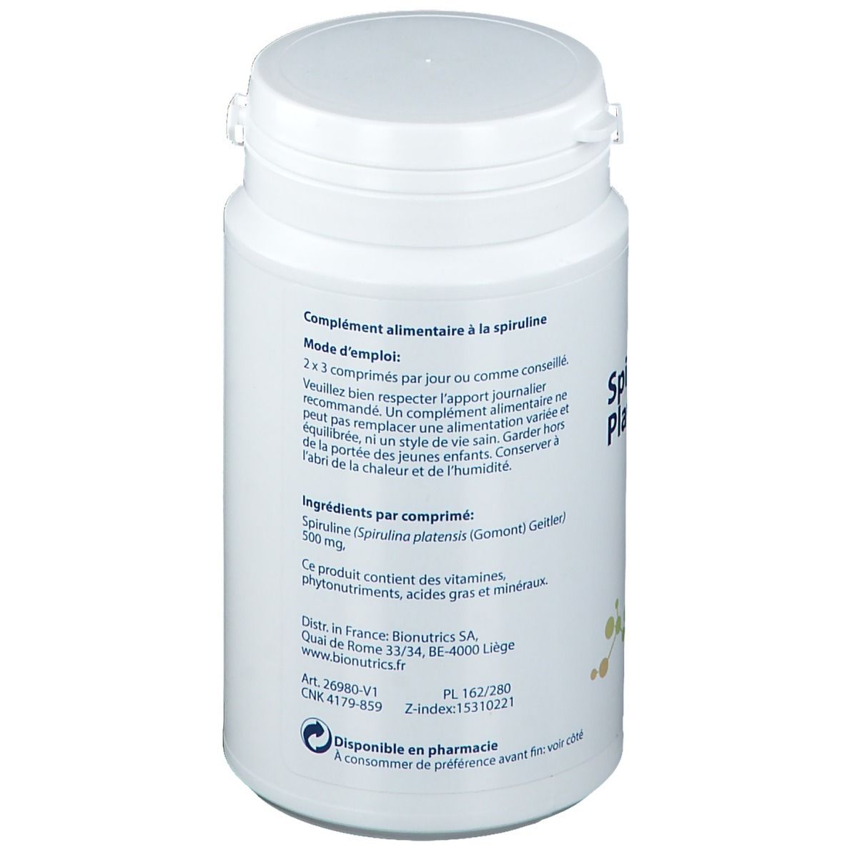 Weiße Tablettenflasche mit Produktinformationen und blau-grüner Grafik. Rückseite mit Text.