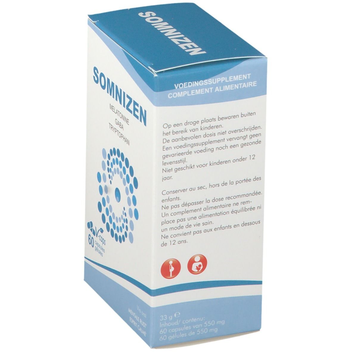 Boîte de gélules Somnizen. Dos avec informations sur les ingrédients et avertissements. 60 gélules.