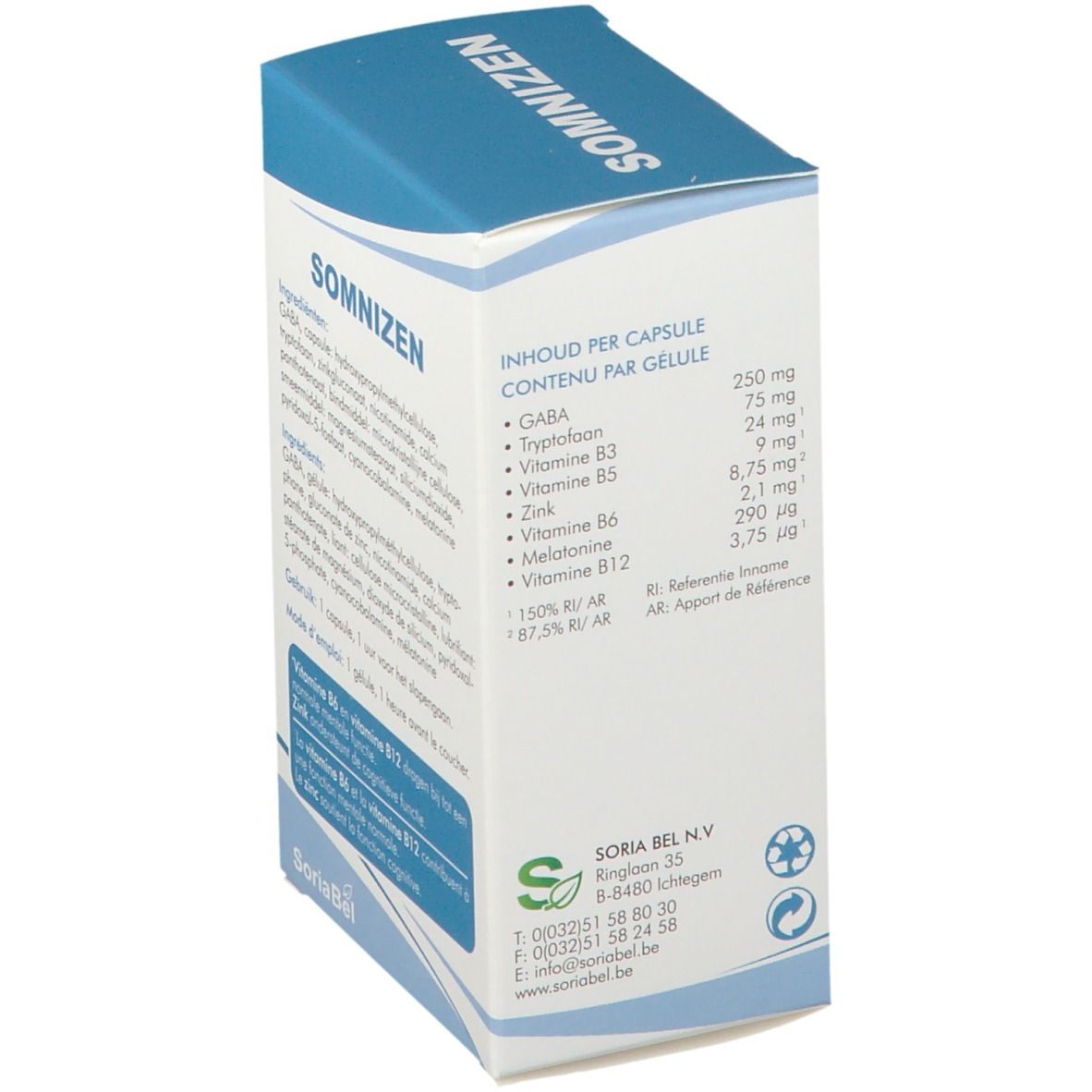 Boîte de gélules Somnizen. Dos avec informations nutritionnelles et coordonnées. 60 gélules.