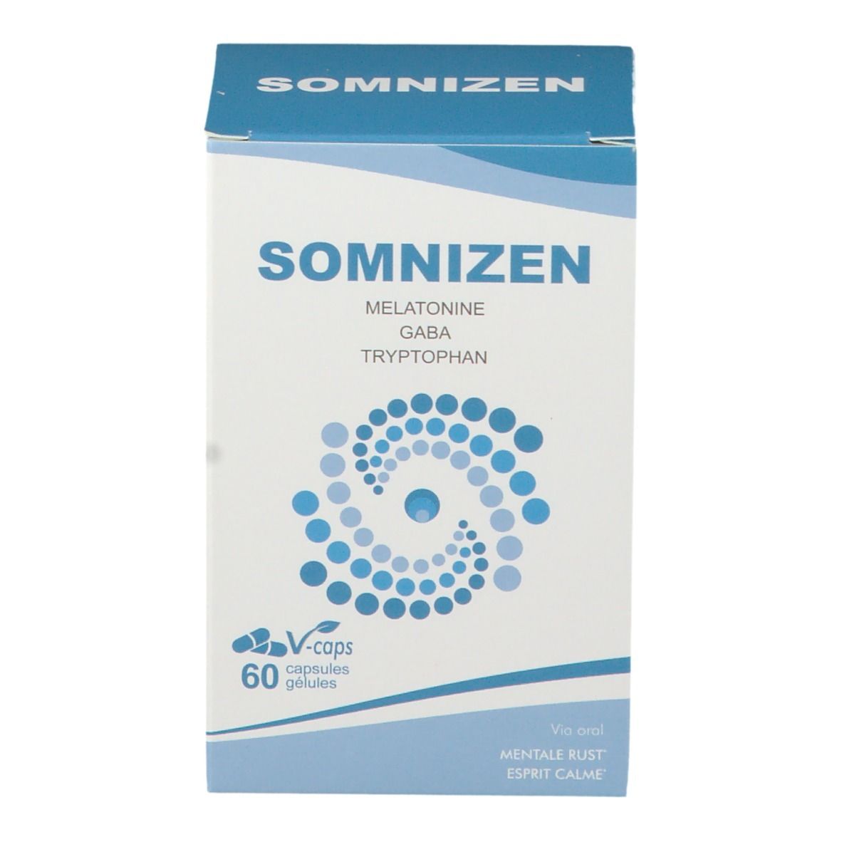 Boîte de gélules Somnizen. Emballage bleu et blanc avec nom du produit et ingrédients. 60 gélules.