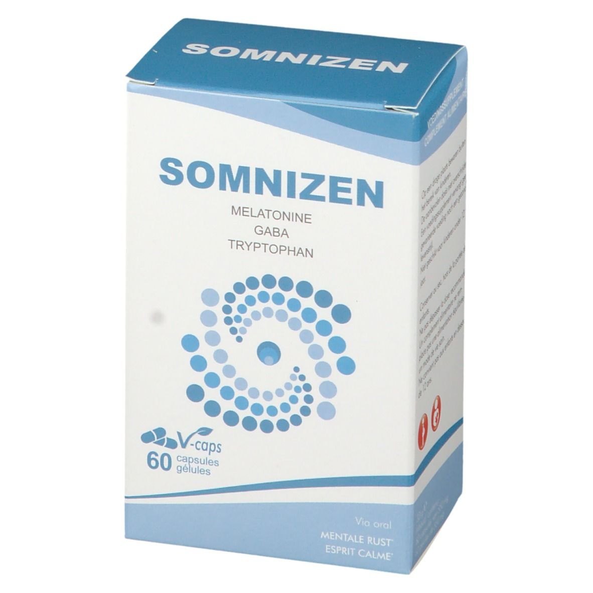 Boîte de gélules Somnizen. Emballage bleu et blanc avec nom du produit et ingrédients. 60 gélules.