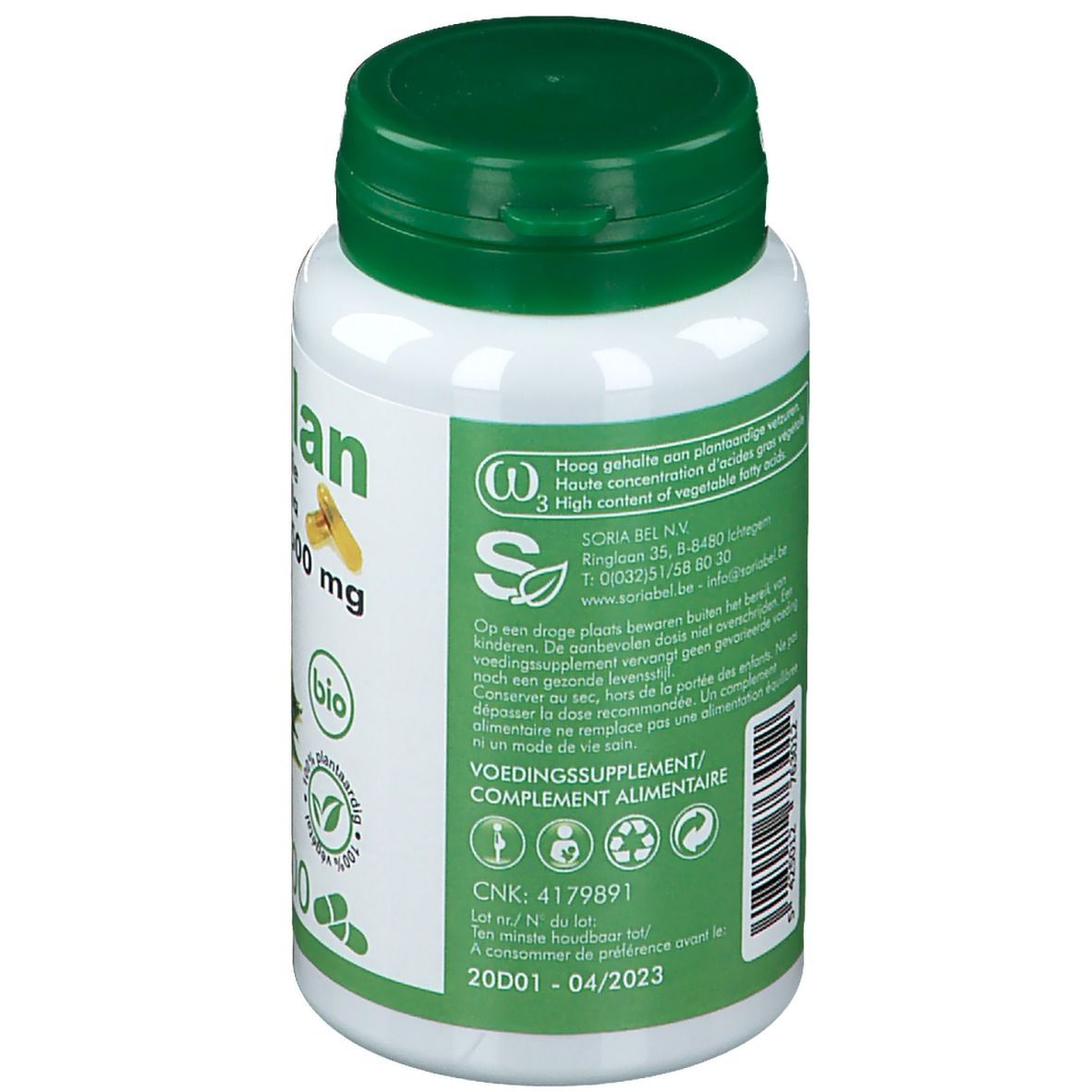 Achterkant van de witte fles met groene dop. Tekst: Soria Bel, Omega-3, CNK-nummer, vervaldatum.