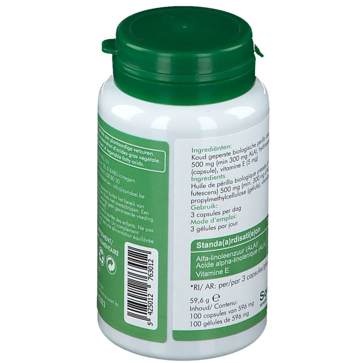 Achterkant van de witte fles met groene dop. Tekst: Ingrediënten, dosering, 100 capsules, 596 g.