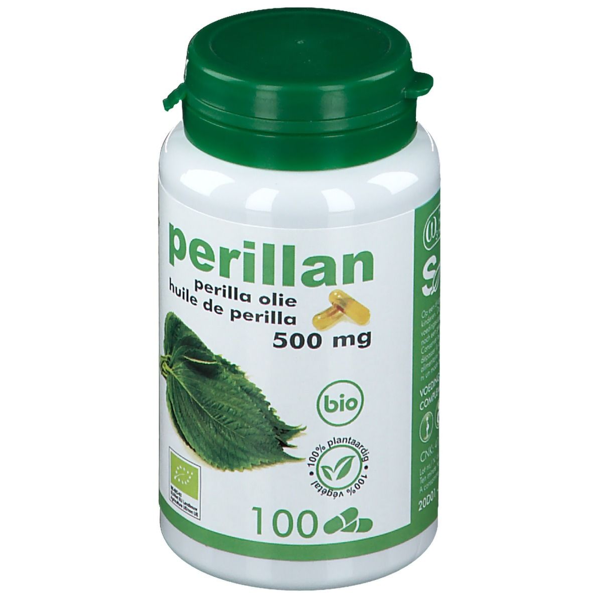 Witte fles met groene dop. Opschrift: Perillan, 500 mg, Bio. Afbeelding van bladeren en capsules.