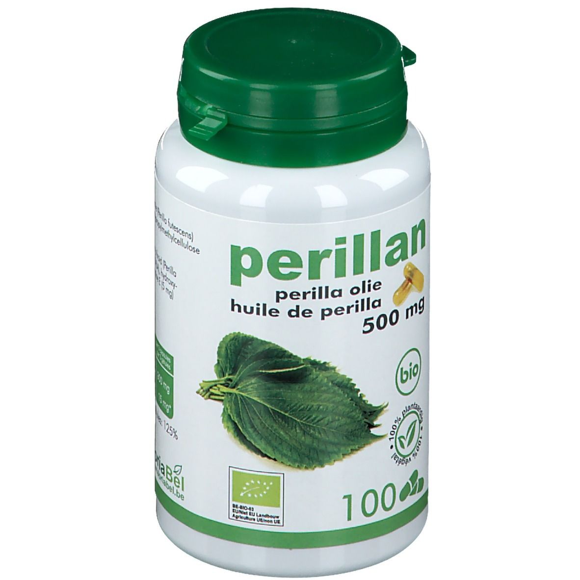 Witte fles met groene dop. Opschrift: Perillan, 500 mg, Bio. Afbeelding van bladeren en capsules.