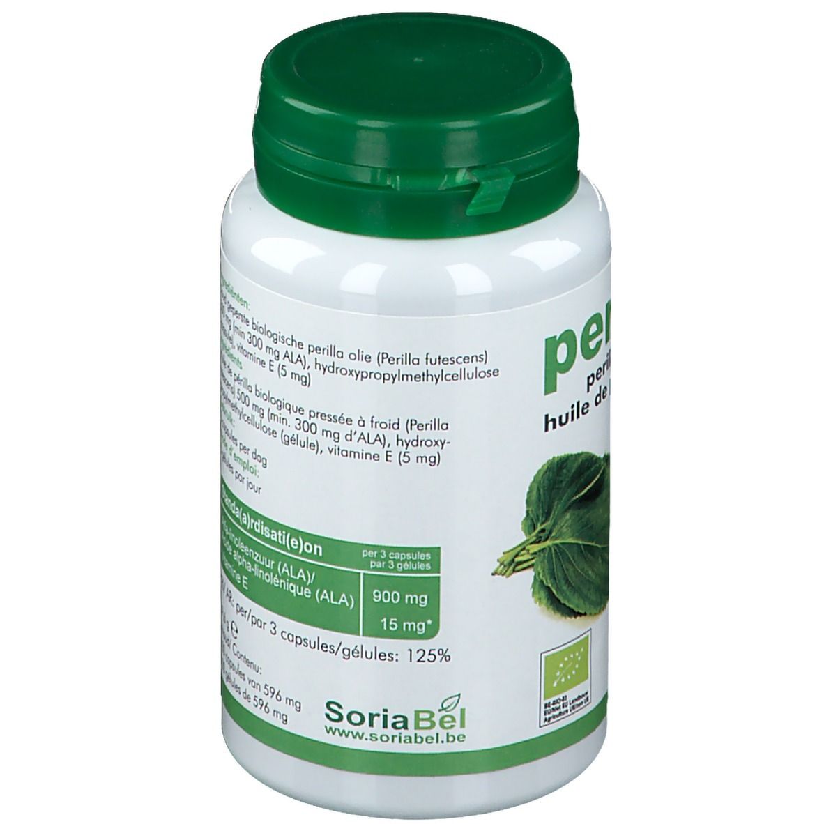 Achterkant van de witte fles met groene dop. Tekst: Ingrediënten, dosering, 100 capsules, 596 g.