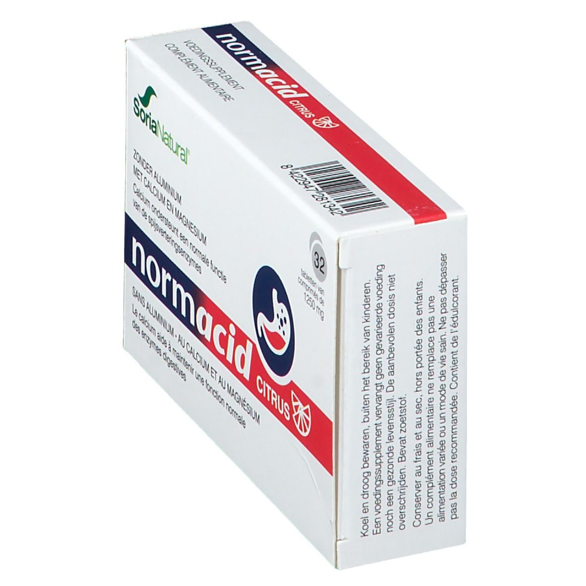 Emballage produit blanc incliné avec accent rouge. Nom et logo du produit clairement visibles. Texte en plusieurs langues.