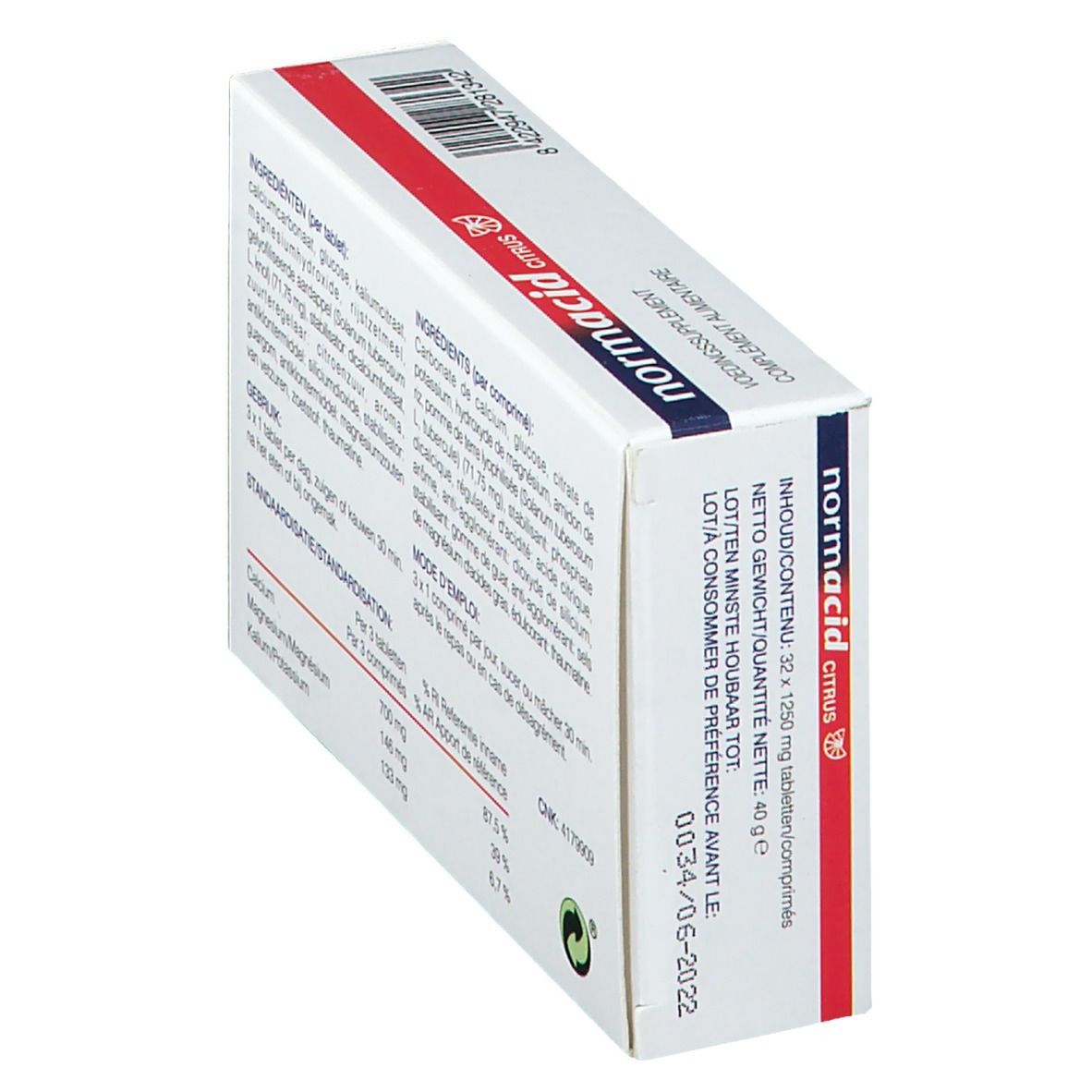 Emballage du produit avec liste des ingrédients et date de péremption. Contient 32 comprimés. Texte multilingue.