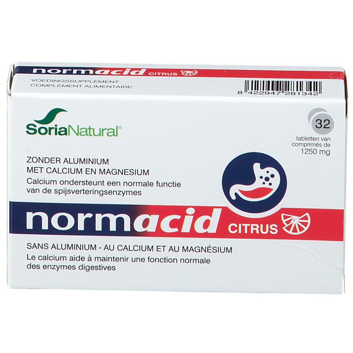 Emballage blanc avec logo et nom du produit. Contient 32 comprimés. Texte en allemand, français et néerlandais.