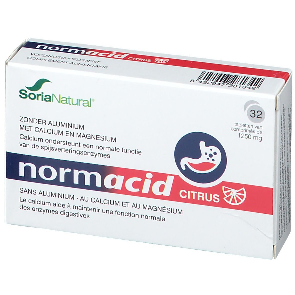 Emballage blanc avec logo et nom du produit. Contient 32 comprimés. Texte en allemand, français et néerlandais.