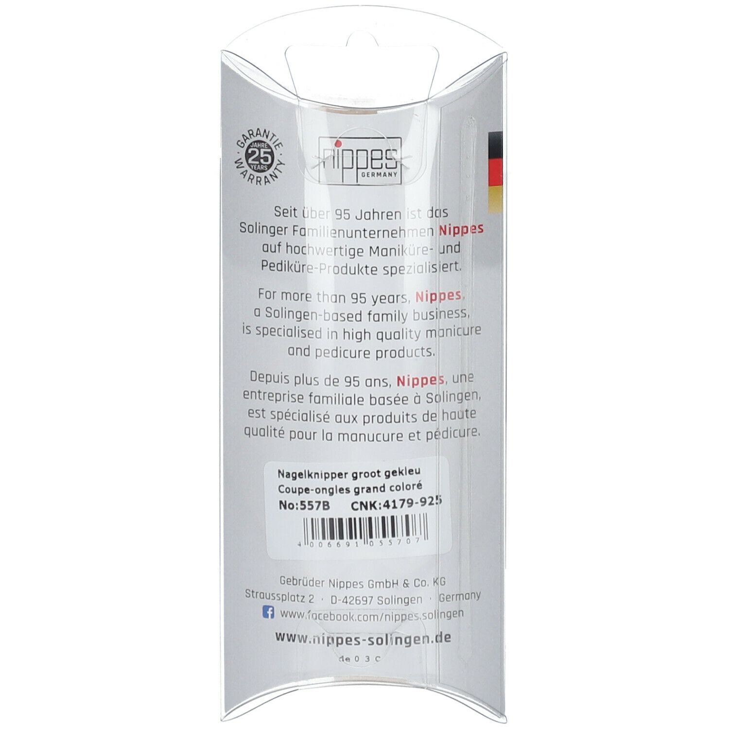 Achterkant van de verpakking. Tekst in het Duits, Engels en Frans. Logo "nippes GERMANY". Productcode: N557B.