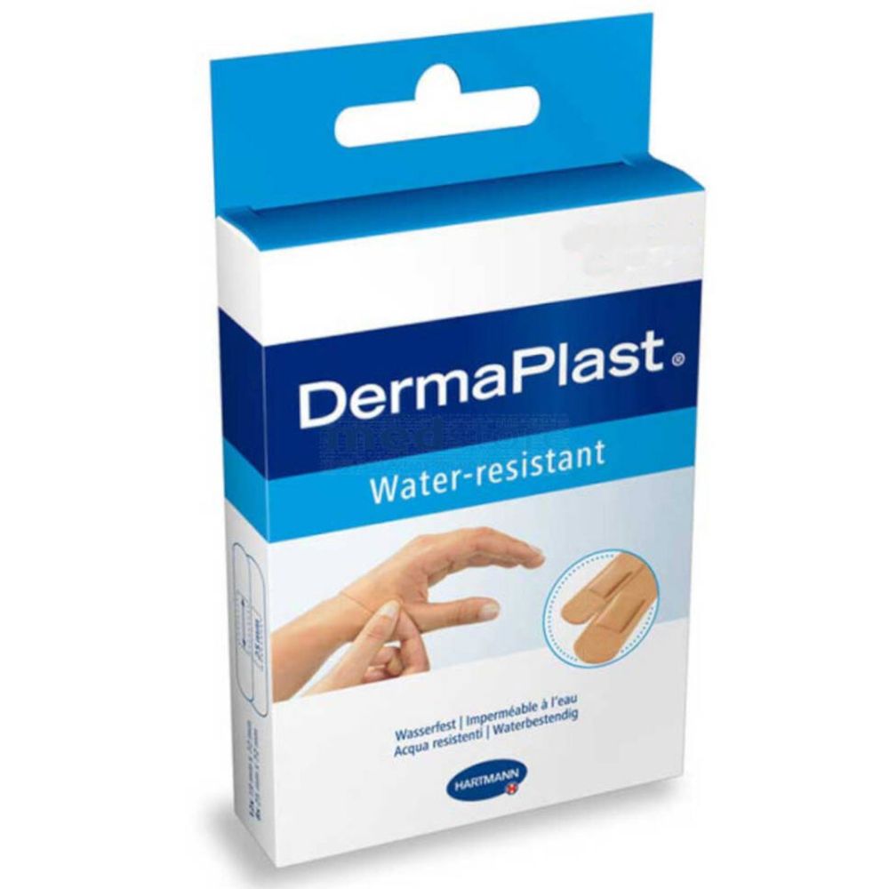 Verpakking met DermaPlast waterbestendige pleisters. Illustratie van een hand met pleister. Blister met pleisters.