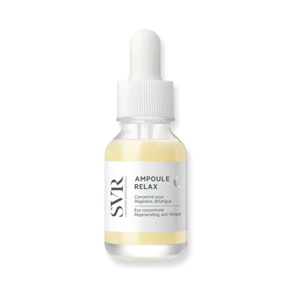 Flacon de sérum avec pipette. Inscription : SVR, Ampoule Relax.