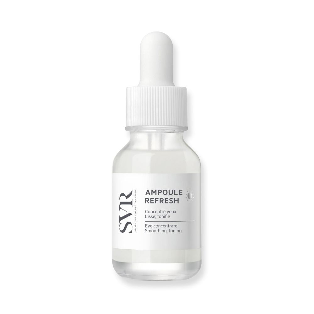 Flacon transparent avec bouchon et pipette blancs. Étiquette avec logo et nom du produit. SVR AMPOULE REFRESH.