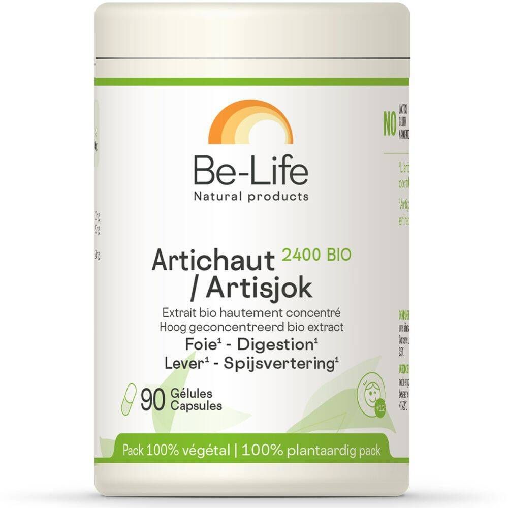 Boîte de gélules Be-Life Artichaut 2400 BIO. 90 gélules. Emballage vert et blanc. Inscription en plusieurs langues.