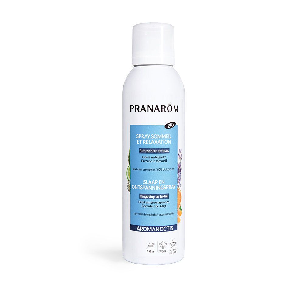 Spray blanc avec étiquette bleue. Texte: PRANAROM, Spray Sommeil et Relaxation, Aromanoctis. Certification Bio.