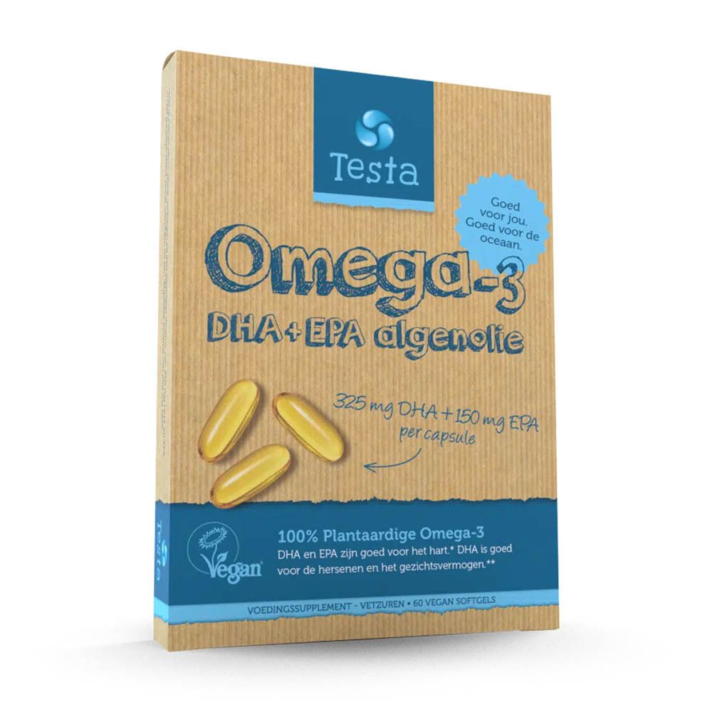 Kartonverpackung mit Testa Omega-3 Algenöl. Aufschrift: Omega-3 DHA+EPA, vegan. Abgebildet sind drei Kapseln.