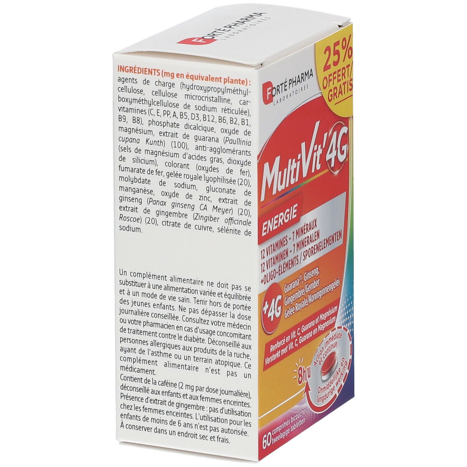 Vue latérale de la boîte. Ingrédients et informations nutritionnelles. Marque: MultiVit'4G Energie. 60 comprimés.