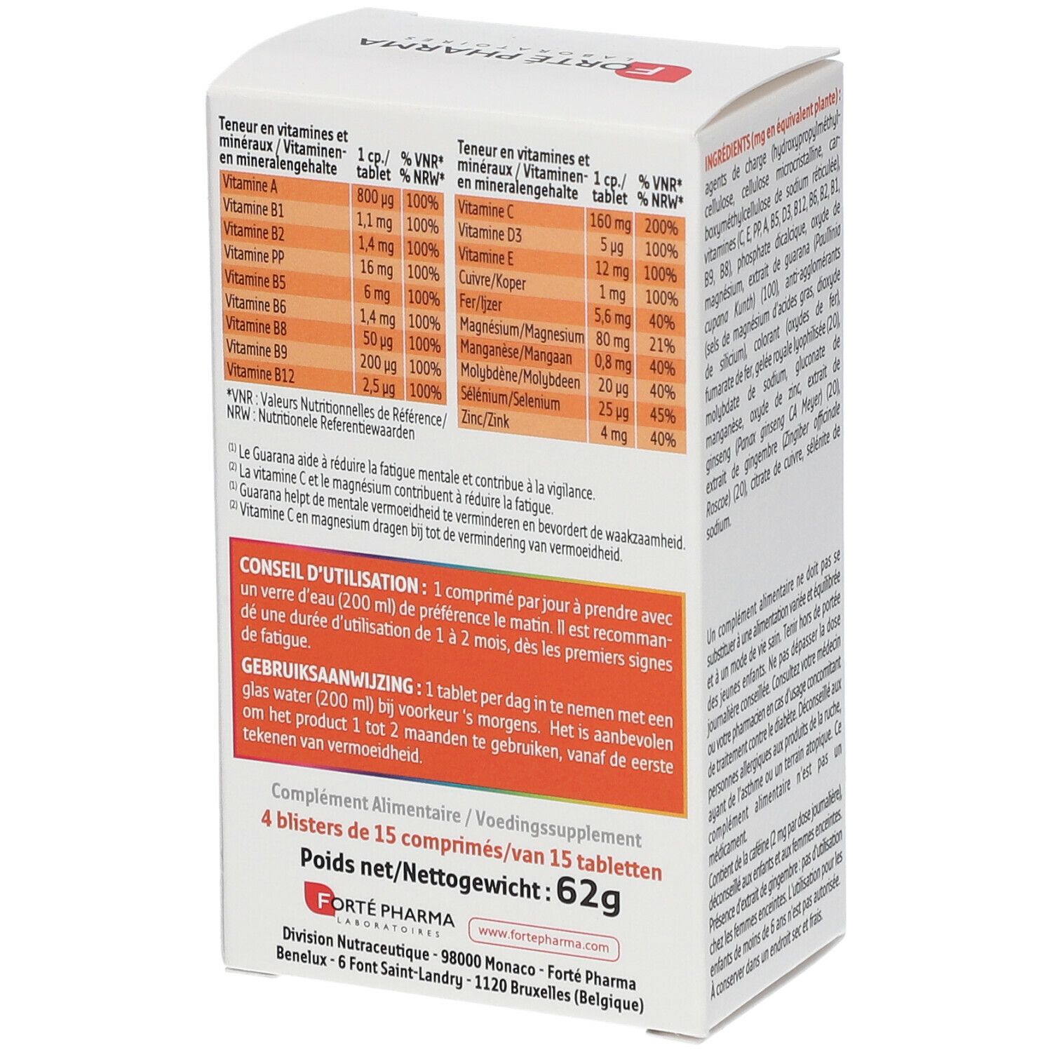 Dos de la boîte. Informations nutritionnelles et conseils d'utilisation. 62g. Marque: MultiVit'4G Energie.