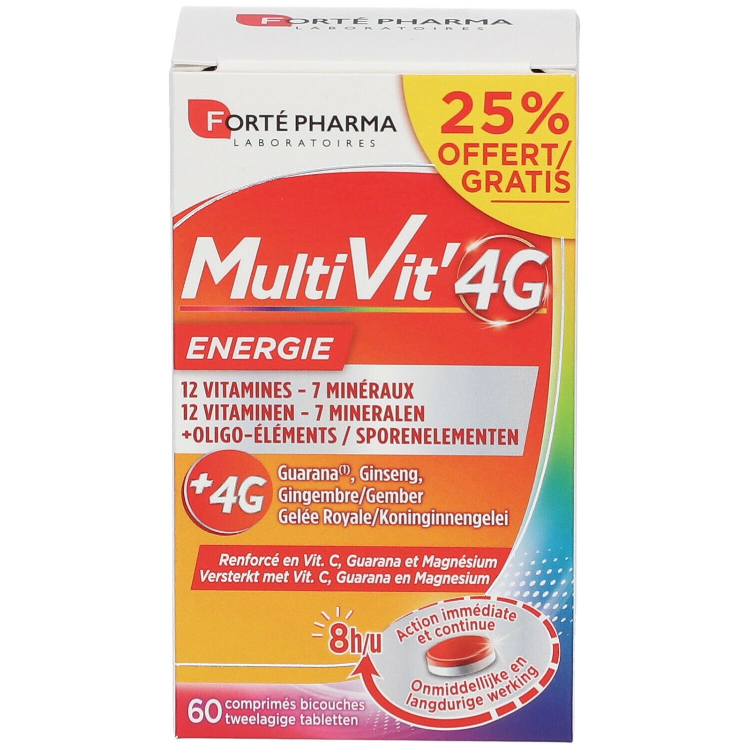 Boîte de MultiVit'4G Energie. Contient 12 vitamines, 7 minéraux et oligo-éléments. 60 comprimés bicouches.